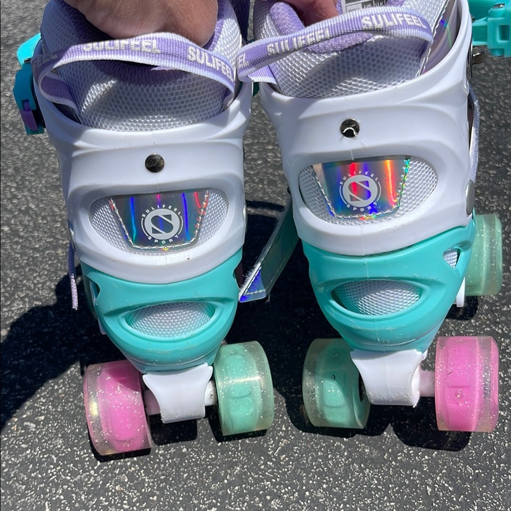 Colorful Kids Roller Skates - ADJUSTABLE - 10c-13c, worn 2-3 times indoors - Picture 3 of 5